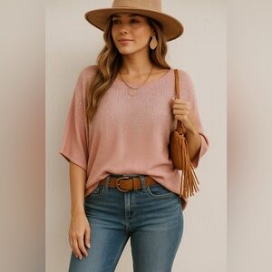 Luna Womens Blush Pink Beaded Studded‎ Rhinestones Feminine Knitted Top Size S